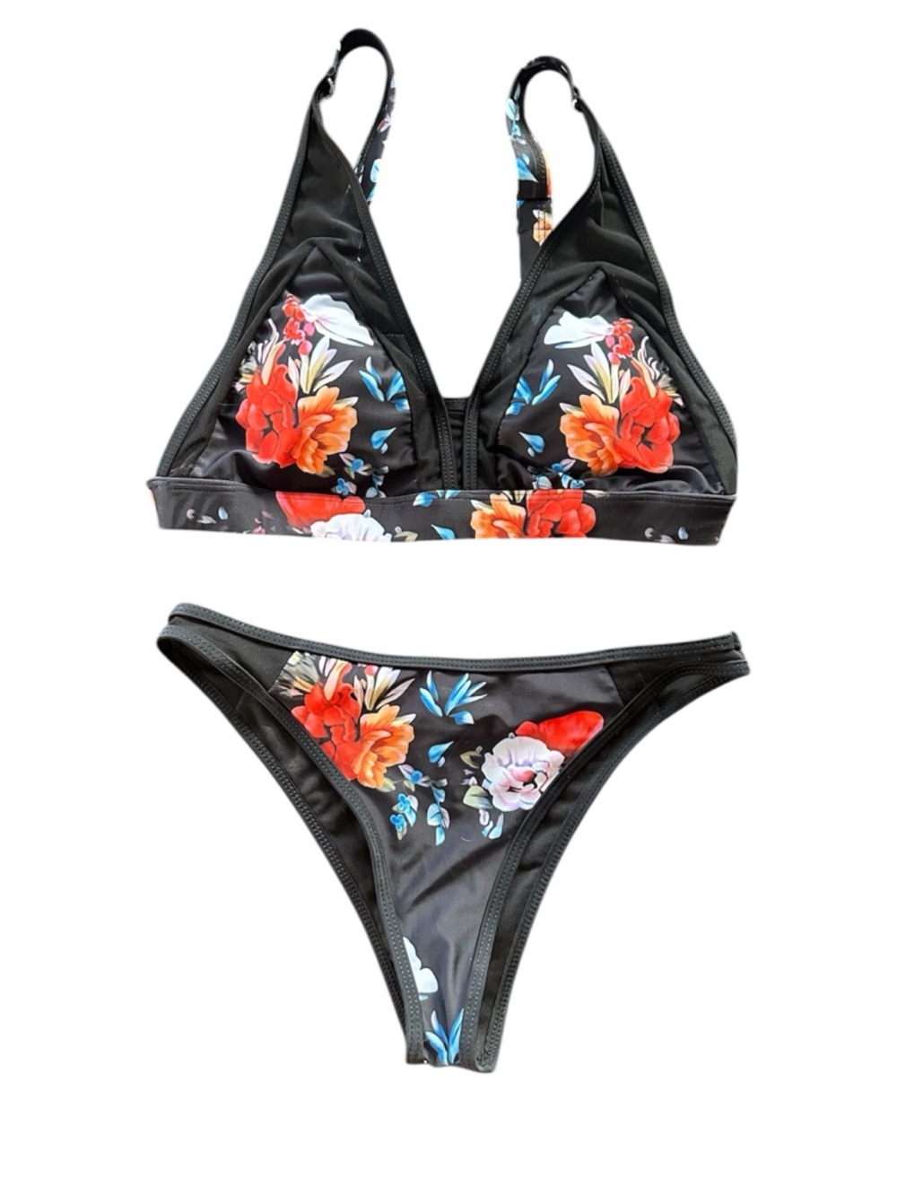 Black Floral Bikini Set - Vibrant Red & Orange Flowers